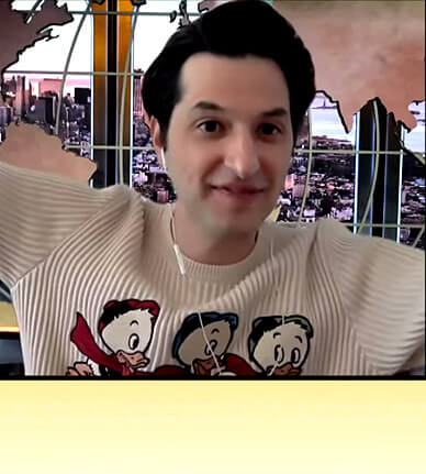 Ben Schwartz's white ribbed Donald Duck embroidered sweater on The Drew Barrymore Show
