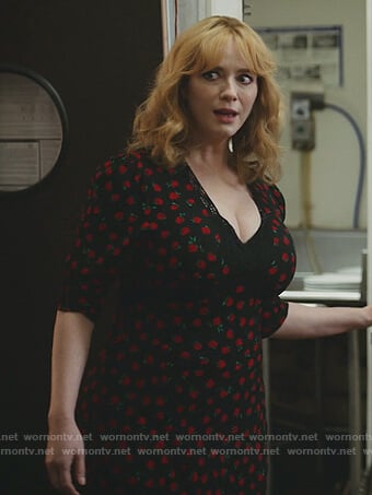 Beth's black floral print midi dress on Good Girls