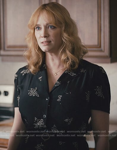 Beth’s black floral button down dress on Good Girls