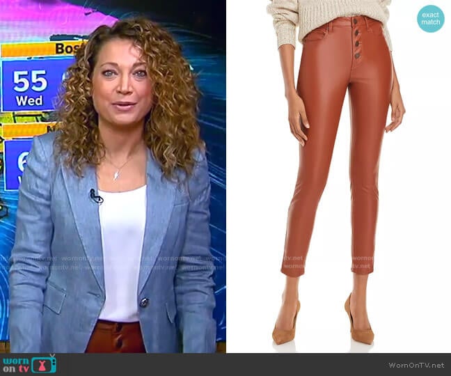 Button-Front Faux-Leather Skinny Pants in Daddy Soda  by Blank NYC worn by Ginger Zee on Good Morning America