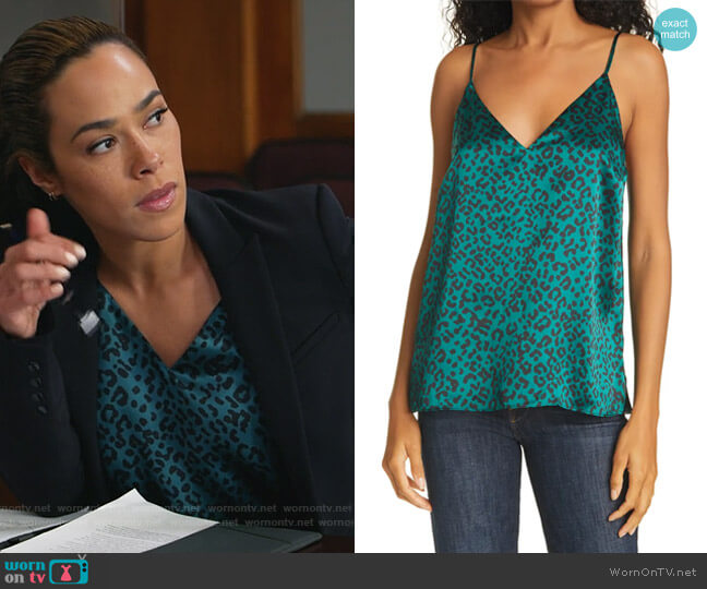 The Olivia Emerald Leopard Print Silk Camisole by Cami NYC worn by Emily Lopez (Jessica Camacho) on All Rise