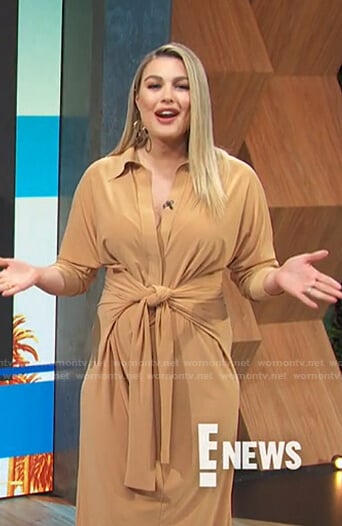 Carissa’s beige tie waist shirtdress on E! News Daily Pop