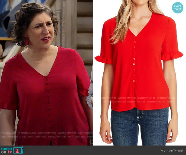 CeCe Ruffle Sleeve Crepe Blouse worn by Kat Silver (Mayim Bialik) on Call Me Kat