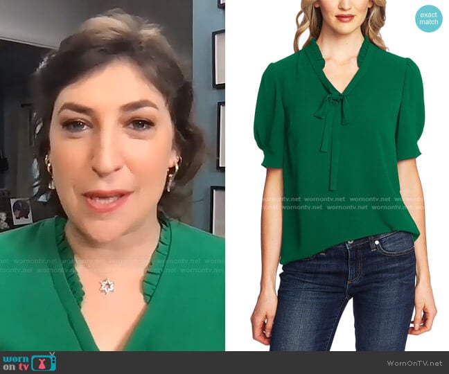 Ruffled V-Neck Tie Top by Cece worn by Mayim Bialik on The Drew Barrymore Show