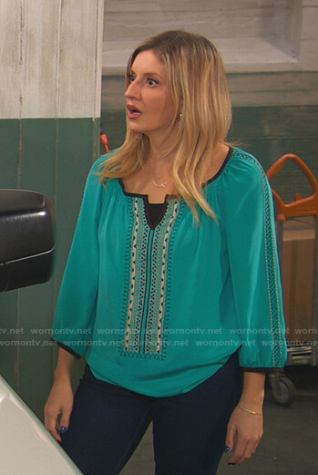 Chelsea's green embroidered blouse on Ravens Home