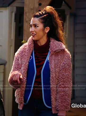 Cheyenne's red zebra sweater and pink teddy jacket on Superstore