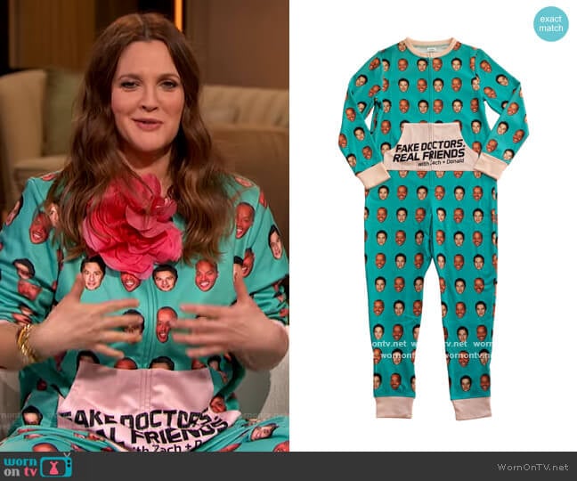 Fake Doctors, Real Friends Onesie by Cotton Bureau worn by Drew Barrymore on The Drew Barrymore Show