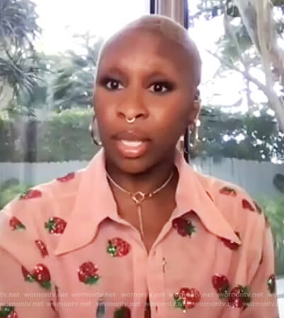 Cynthia Erivo’s pink strawberry embellished blouse on The View