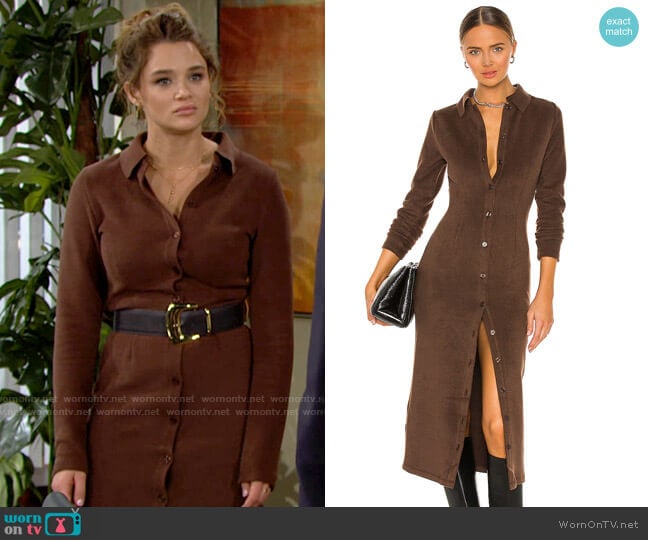 Danielle Guizio Rib Knit Button Up Midi Dress worn by Summer Newman (Hunter King) on The Young and the Restless