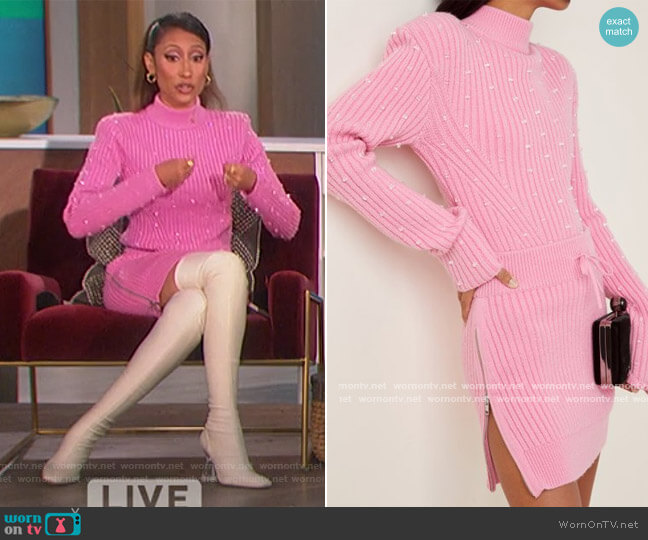 Embellished Rib Knit Sweater and mini skirt by David Koma worn by Elaine Welteroth  on The Talk
