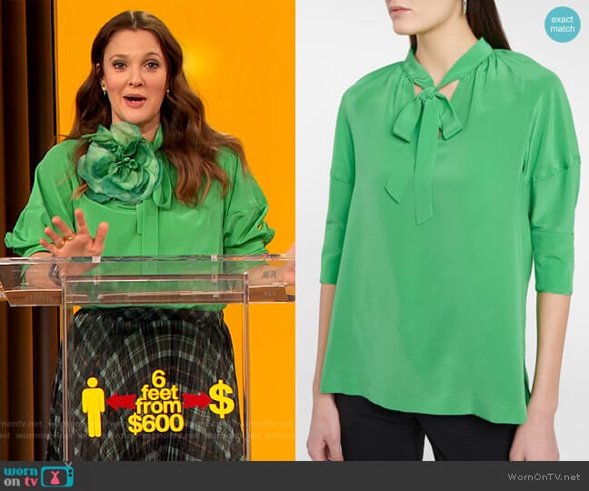 Lynn silk crepe de chine blouse by Diane von Furstenberg worn by Drew Barrymore on The Drew Barrymore Show