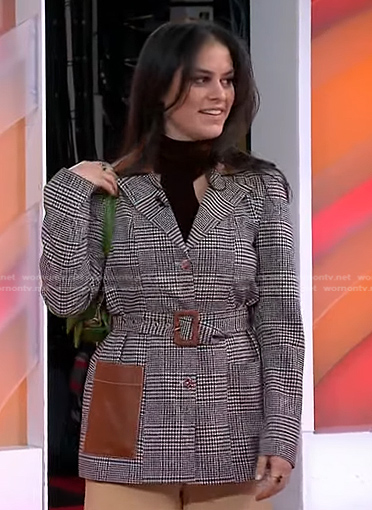 Donna Farizan’s grey plaid belted blazer and green bag on Today