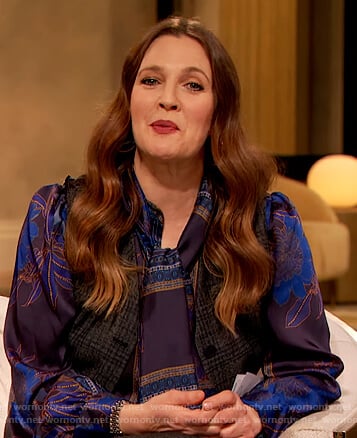 Drew’s floral blouse and plaid pants on The Drew Barrymore Show