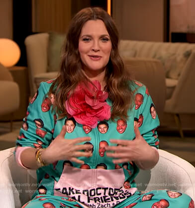 Drew's printed turquoise onesie on The Drew Barrymore Show