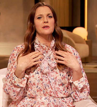 Drew’s white floral midi dress on The Drew Barrymore Show