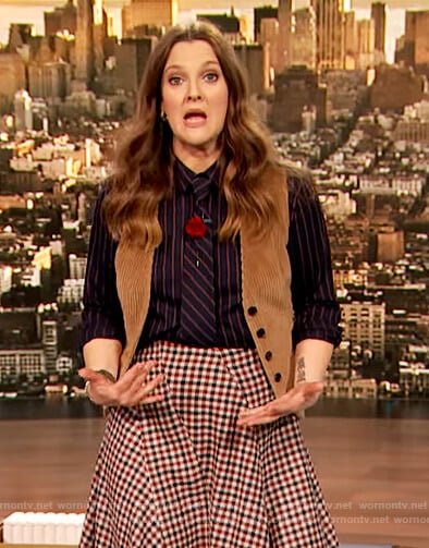 Drew’s blue stripe blouse and gingham check skirt on The Drew Barrymore Show