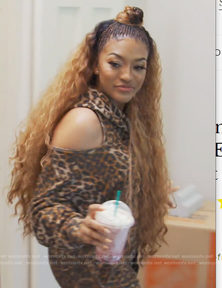 Drew Sidora’s leopard print cold shoulder hoodie on The Real Housewives of Atlanta