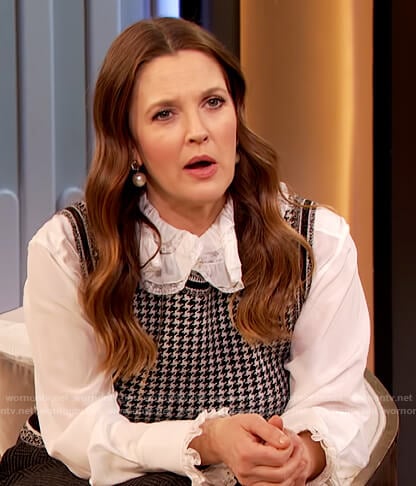 Drew’s houndstooth vest and ruffle neck blouse on The Drew Barrymore Show