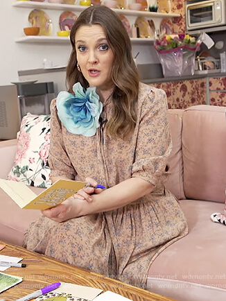 Drew’s pink tie neck blouse and skirt on The Drew Barrymore Show