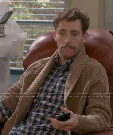 Drew's plaid shirt and brown cable knit cardigan on B Positive