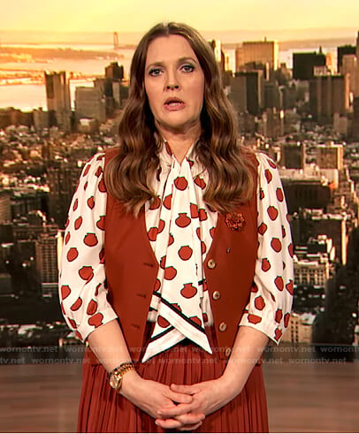Drew’s shell print tie neck blouse and vest on The Drew Barrymore Show
