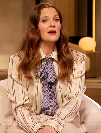 Drew’s stripe blouse and pants on The Drew Barrymore Show