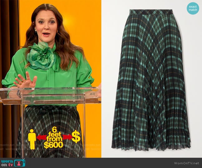 Pleated checked crepe midi skirt by Dries Van Noten worn by Drew Barrymore on The Drew Barrymore Show