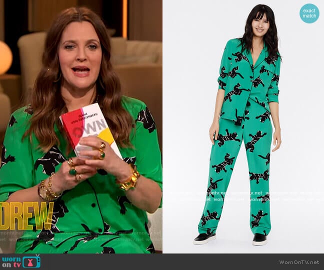 Long-Sleeve Silk Crepe De Chine Pajama Top and Pants by Diane von Furstenberg worn by Drew Barrymore on The Drew Barrymore Show