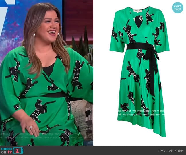 Panther Print Wrap Blouse by Diane von Furstenberg worn by Kelly Clarkson on The Kelly Clarkson Show