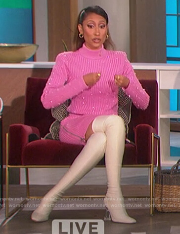 Elaine’s pink embellished sweater and skirt on The Talk