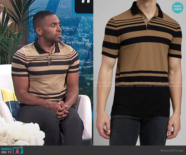 WornOnTV: Justin’s black and beige striped polo shirt on E! News Daily ...