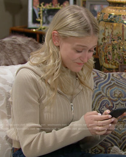Faith's beige knit hoodie on The Young and the Restless