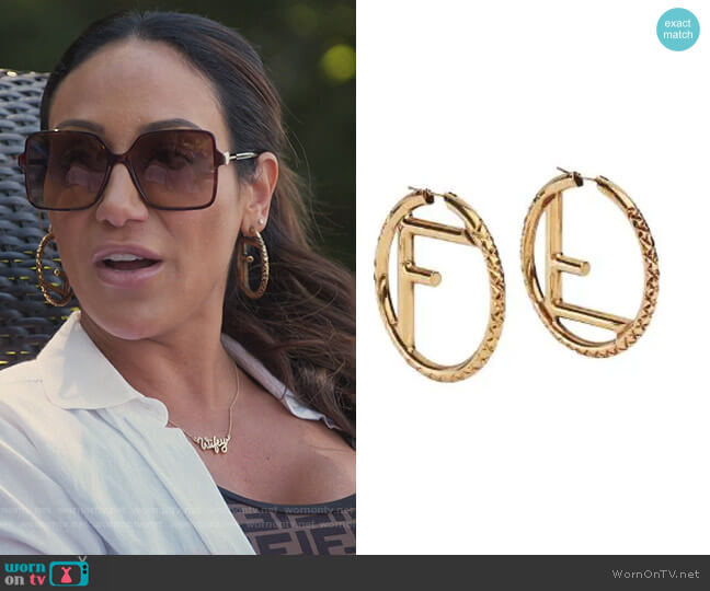 F is Fendi large earrings by Fendi worn by Melissa Gorga  on The Real Housewives of New Jersey