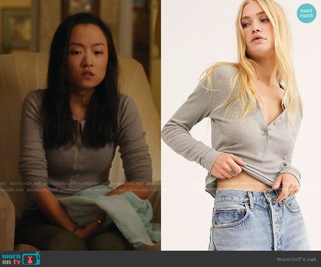 Janet’s grey henley top on Kims Convenience