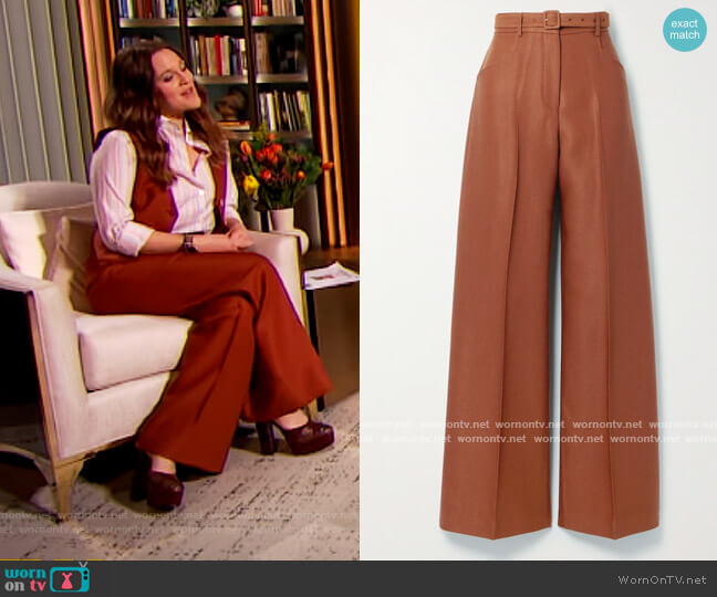 Norman belted wool and silk-blend twill wide-leg pants by Gabriela Hearst worn by Drew Barrymore on The Drew Barrymore Show