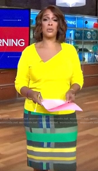 Gayle King’s yellow asymmetric sweater and geometric skirt on CBS This Morning