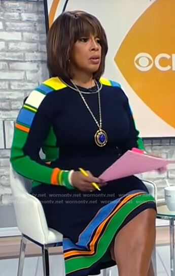 Gayle King’s navy striped sweater and skirt set on CBS Mornings