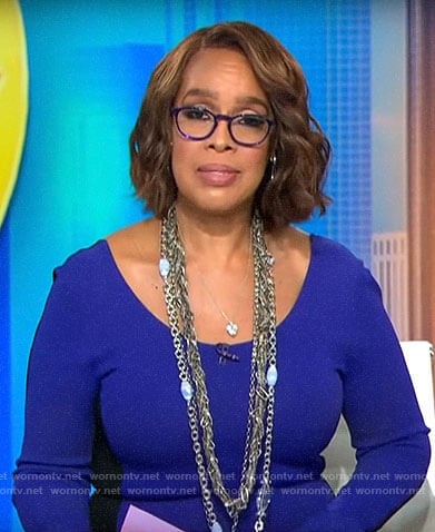 Gayle King’s purple long sleeved dress with black back on CBS Mornings