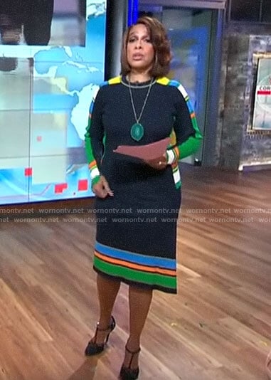 Gayle King’s navy striped sweater and skirt set on CBS Mornings