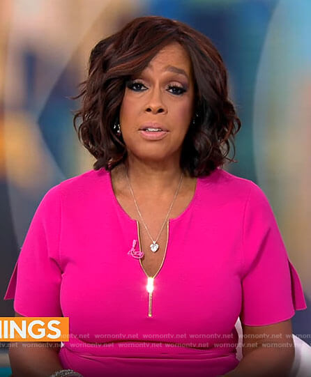 Gayle King’s pink short sleeve zip front dress on CBS Mornings