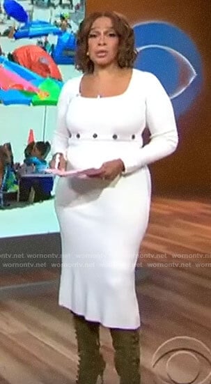 Gayle King’s white square neck knit dress on CBS Mornings