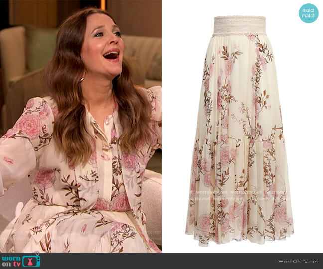 Floral Print Silk Georgette Skirt by Giambattista Valli worn by Drew Barrymore on The Drew Barrymore Show