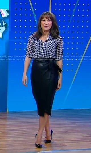 Ginger’s gingham check blouse and leather skirt on Good Morning America