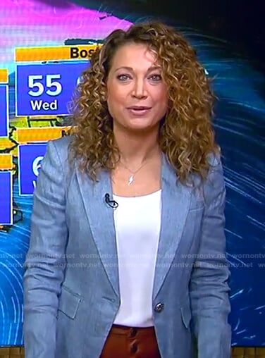 Ginger’s blue blazer and brown leather pants on Good Morning America