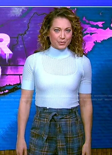 Ginger’s blue crochet turtleneck top and plaid pants on Good Morning America