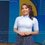 Ginger’s blue crochet turtleneck top and plaid pants on Good Morning America