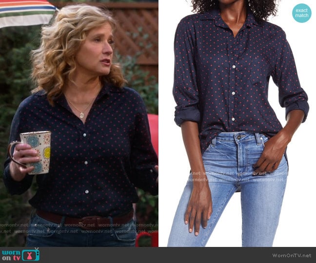 Grayson The Hero Print Button-Up Shirt in Paige Navy W/ Red Ladybug worn by Vanessa Baxter (Nancy Travis) on Last Man Standing