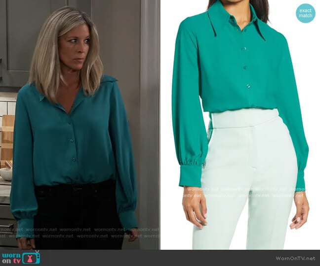 x Atlantic-Pacific Puff Sleeve Button-Up Shirt by Halogen worn by Carly Spencer (Laura Wright) on General Hospital