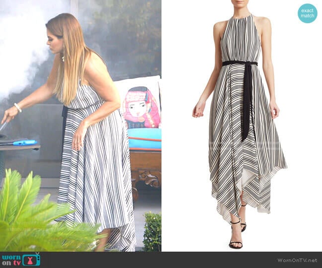 Sleeveless Strip Back Striped Handkerchief Dress by Halston worn by D’Andra Simmons on The Real Housewives of Dallas