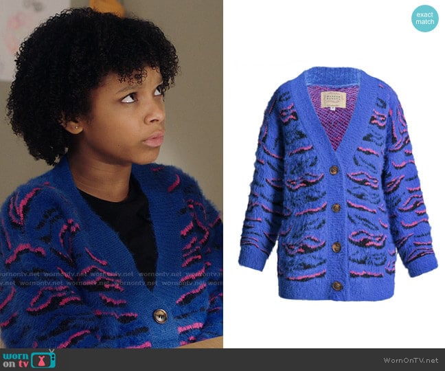 Hannah Banana Blue Tiger Pattern Fuzzy Fashion Cardigan worn by Aubrey Williams (Dani Lane) on Kenan